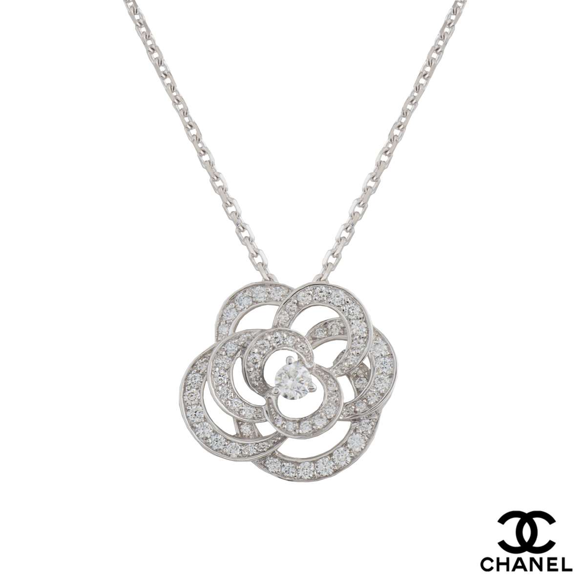 Chanel Camellia White Ceramic Diamond White Gold Necklace